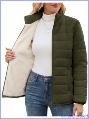 Fleece Lined Puffer Jacket Warm Quilted Padded Coat Women